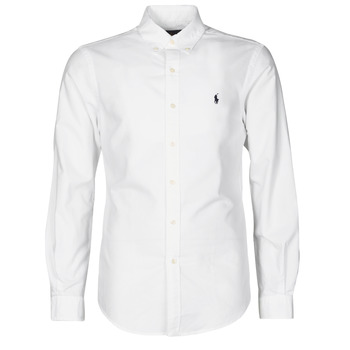 material Men long-sleeved shirts Polo Ralph Lauren CHEMISE CINTREE SLIM FIT EN OXFORD LEGER TYPE CHINO COL BOUTONNE White