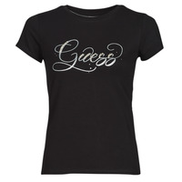 material Women short-sleeved t-shirts Guess SS GLITZY LOGO R4 Black