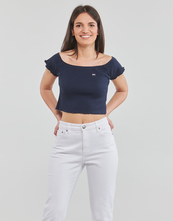 Clothing Women Blouses Tommy Jeans TJW CROP RIB OFF SHOULDER TOP Marine