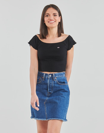 material Women Blouses Tommy Jeans TJW CROP RIB OFF SHOULDER TOP Black