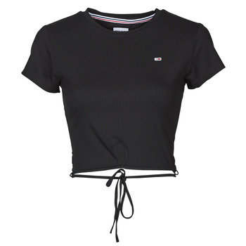 Clothing Women Blouses Tommy Jeans TJW CROP STRAP RIB FRONT KNOT SS Black