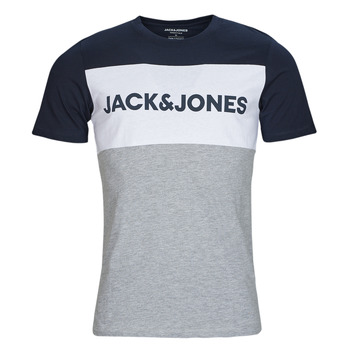 Clothing Men short-sleeved t-shirts Jack & Jones JJELOGO BLOCKING TEE Marine / Grey / White