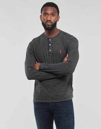 Clothing Men Long sleeved shirts Polo Ralph Lauren T-SHIRT AJUSTE COL TUNISIEN EN COTON Black / Red