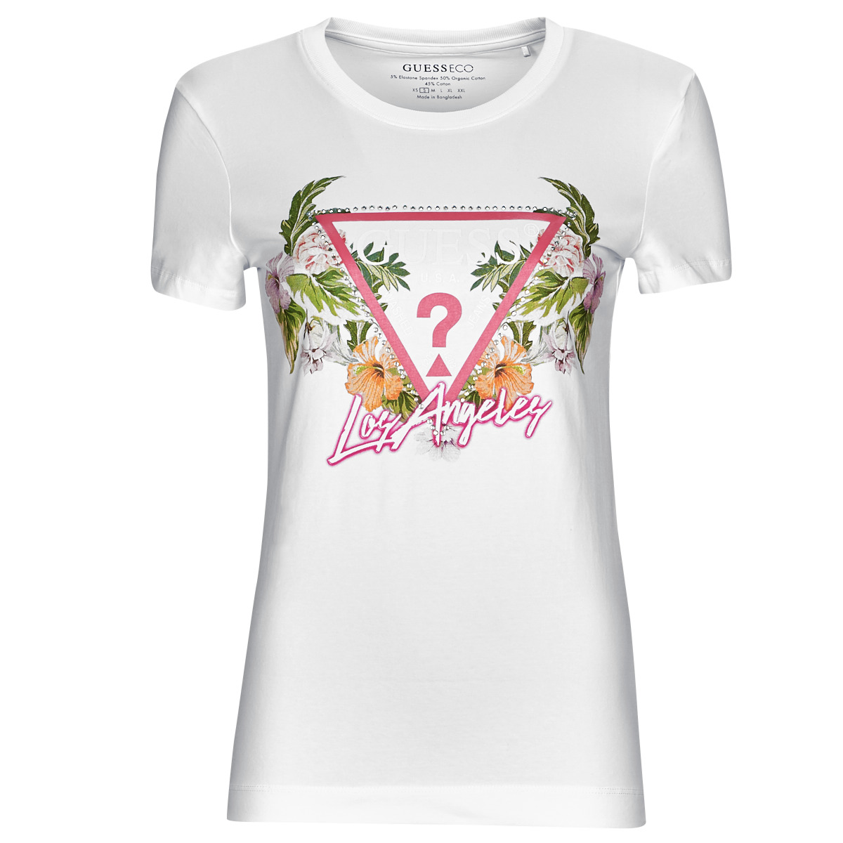 Clothing Women short-sleeved t-shirts Guess SS CN TRIANGLE FLOWERS TEE White