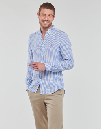 Clothing Men long-sleeved shirts Polo Ralph Lauren CHEMISE AJUSTEE SLIM FIT EN LIN Blue / White