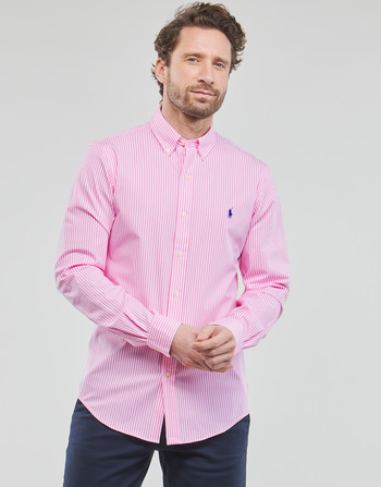 Clothing Men long-sleeved shirts Polo Ralph Lauren CHEMISE AJUSTEE SLIM FIT EN POPELINE RAYE Pink / White