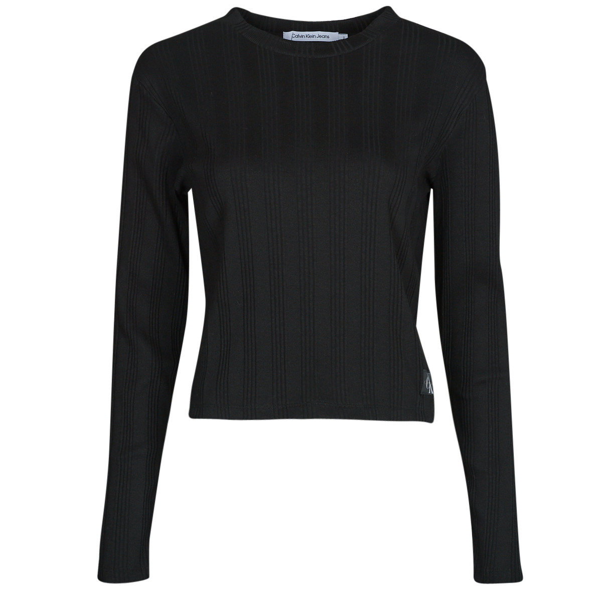 Calvin Klein Jeans BADGE Black shirts Spartoo ! - SLEEVE Women LONG RIB Free NET | sleeved - Clothing Long delivery TEE BABY