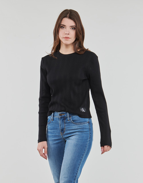 LONG Calvin Clothing Black delivery Women sleeved shirts NET RIB TEE Spartoo SLEEVE Klein | BABY Free ! - BADGE Jeans - Long