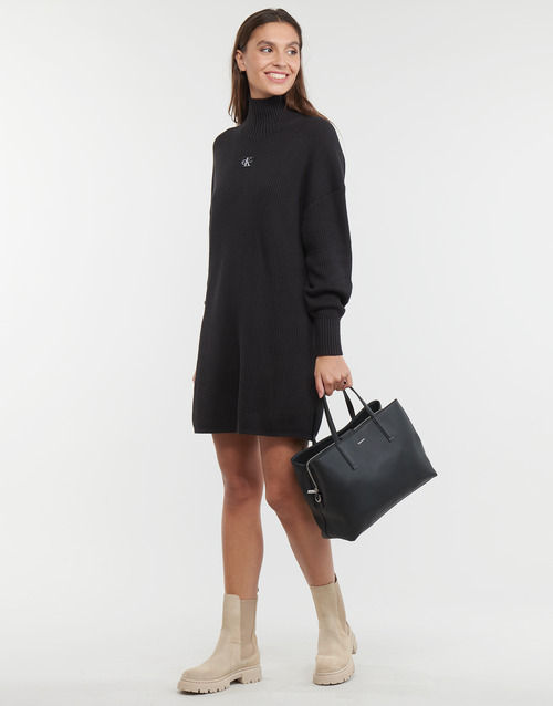 Calvin Klein Jeans WOVEN LABEL LOOSE SWEATER DRESS Black - Free delivery |  Spartoo NET ! - Clothing Short Dresses Women | Sweatkleider
