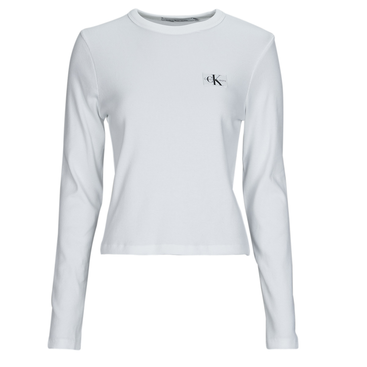 Calvin Klein Jeans WOVEN LABEL RIB LONG SLEEVE White - Free delivery |  Spartoo NET ! - Clothing Long sleeved shirts Women