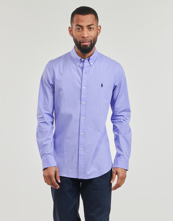 Clothing Men long-sleeved shirts Polo Ralph Lauren CHEMISE AJUSTEE SLIM FIT EN POPELINE UNIE Blue