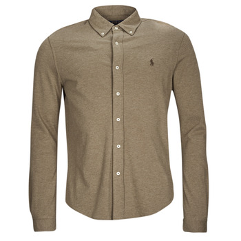 Clothing Men long-sleeved shirts Polo Ralph Lauren CHEMISE AJUSTEE COL BOUTONNE EN POLO FEATHERWEIGHT Beige / Dark / Taupe / Heather