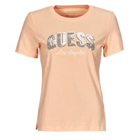 Clothing Women short-sleeved t-shirts Guess SEQUINS LOGO TEE Pink