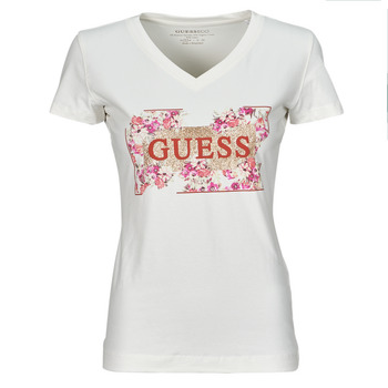 Clothing Women short-sleeved t-shirts Guess LOGO FLOWERS White