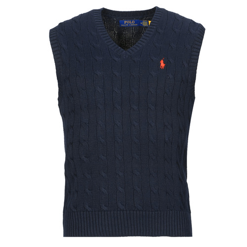 Clothing Men jumpers Polo Ralph Lauren PULL COTON CABLE COL V SANS MANCHE Marine