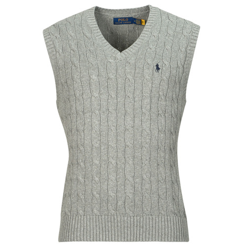 Clothing Men jumpers Polo Ralph Lauren PULL COTON CABLE COL V SANS MANCHE Grey / Mottled